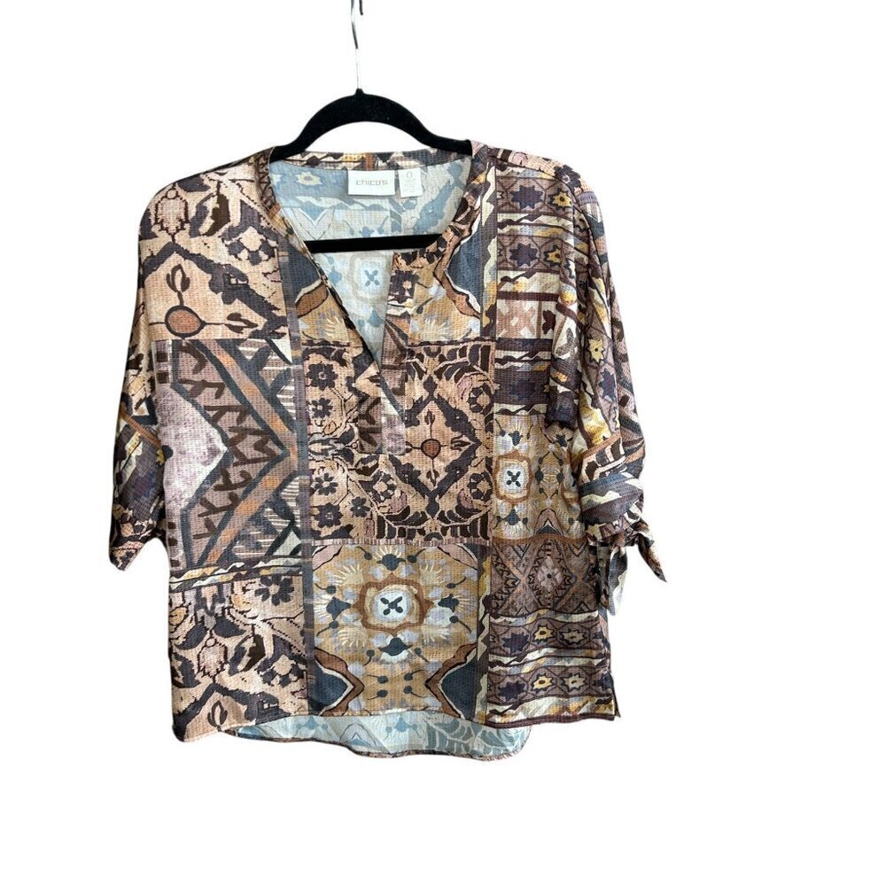Chico's Tribal Patchwork Split Neck Sillky Feel Blouse Size 0 Small